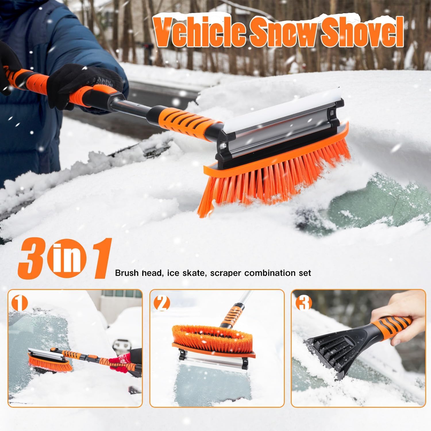 Direct 90-110CM Auto Ausziehbare Schneebesen,Reinigungsbürste Eiskratzer Schneebürste für Auto LKW SUV MPV Leichtes Haltbarkeit,mit Schaumstoffgriff and 180 ° Grad Bürstenkopf(orange Farbe)