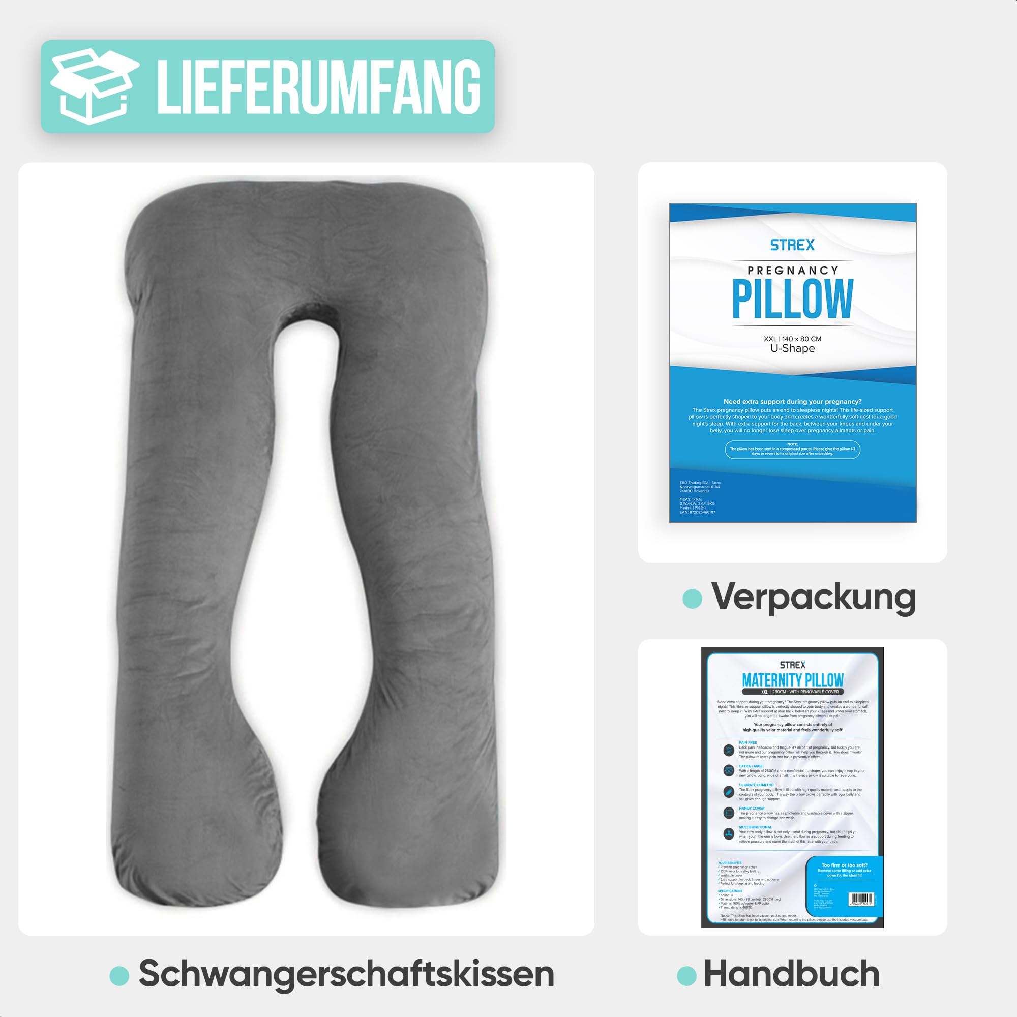 Strex Schwangerschaftskissen XXL - 280cm - Abnehmbarer Bezug - Seitenschläferkissen/Body Pillow/Körperkissen/Stillkissen