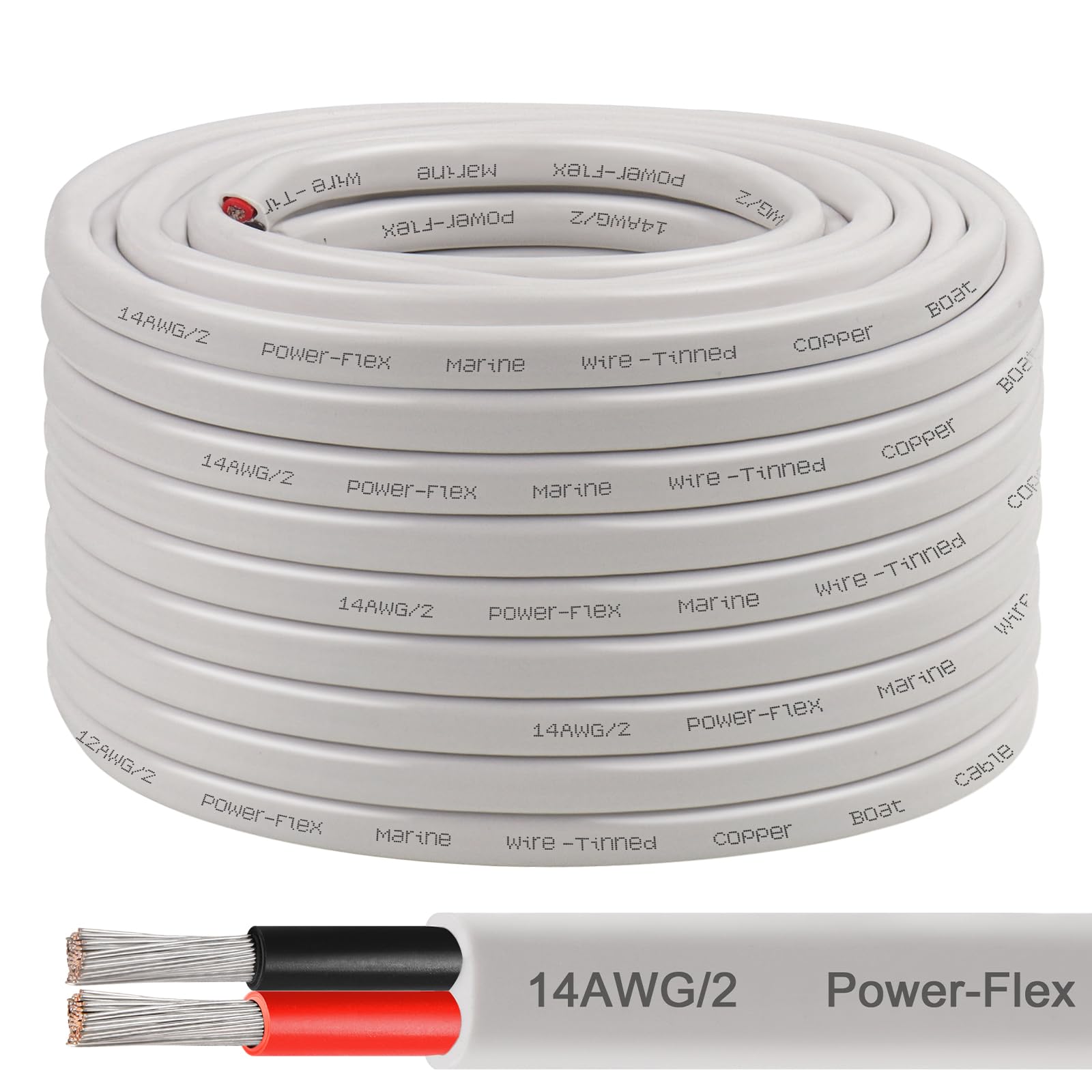 14 Gauge Marine Wire, 100FT 14 AWG Tinned Copper Oxygen-Free Boat Cable Duplex, Waterproof & Corrosion Resistant for Automotive, RV, Solar, LED,