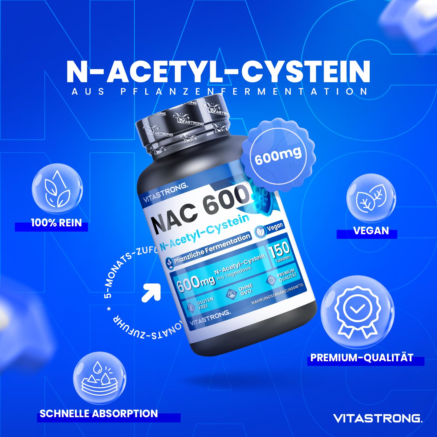 N-Acetylcystein 600mg aus Pflanzenfermentation, Vorstufe von Glutathion, NAC Supplement N-Acetyl-L-Cystein Vitastrong, 150 Vegan Tabletten N-Acetyl L-Cystein (5 Monate), Alternative zu NAC Kapseln