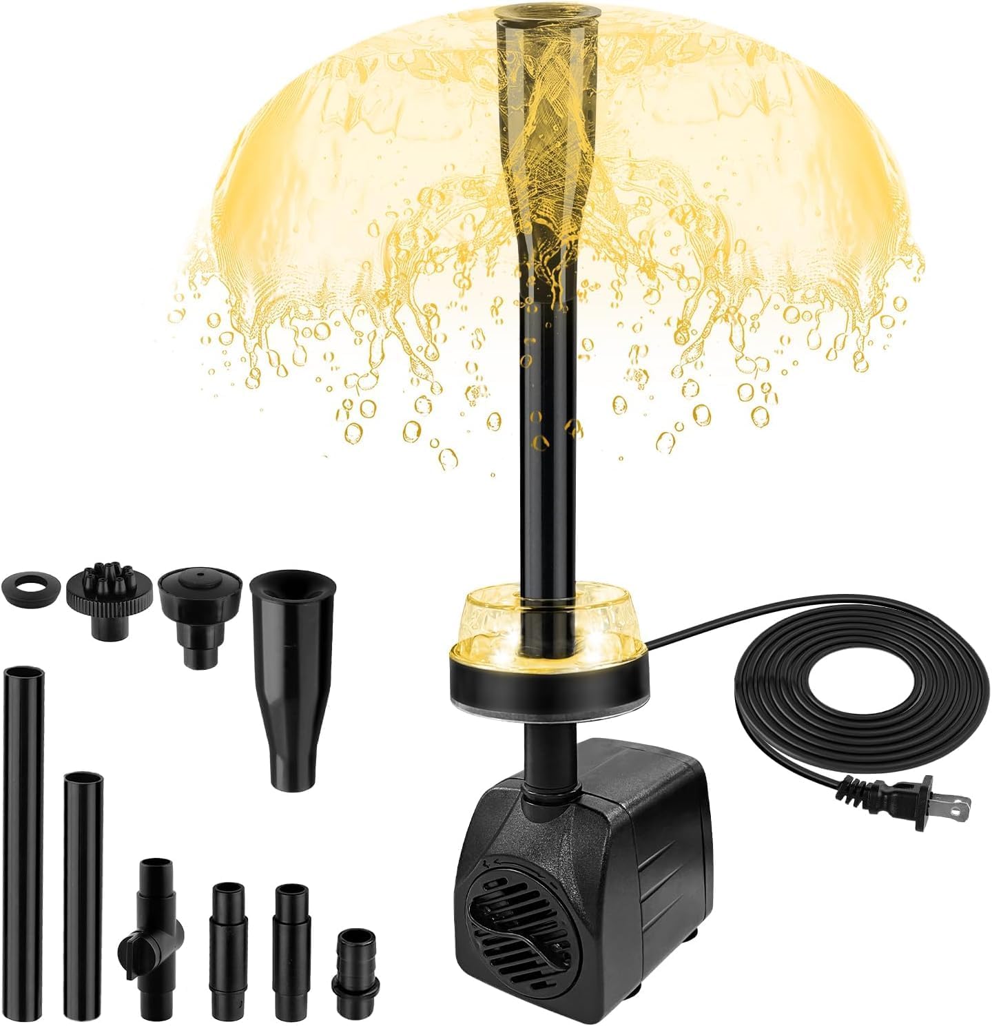 15W 800L/H Submersible Pond Fountain Pump with LED Lights, Ultra Quiet Water Pump, Pond Fountain Pumps for Small Pond, Garden, Aquarium, Fish Tank, Indoor Outdoor Fountain 3 Type Nozzle (Warm)