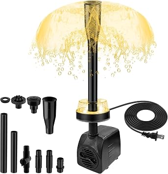 15W 800L/H Submersible Pond Fountain Pump with LED Lights, Ultra Quiet Water Pump, Pond Fountain Pumps for Small Pond, Garden, Aquarium, Fish Tank, Indoor Outdoor Fountain 3 Type Nozzle Warm