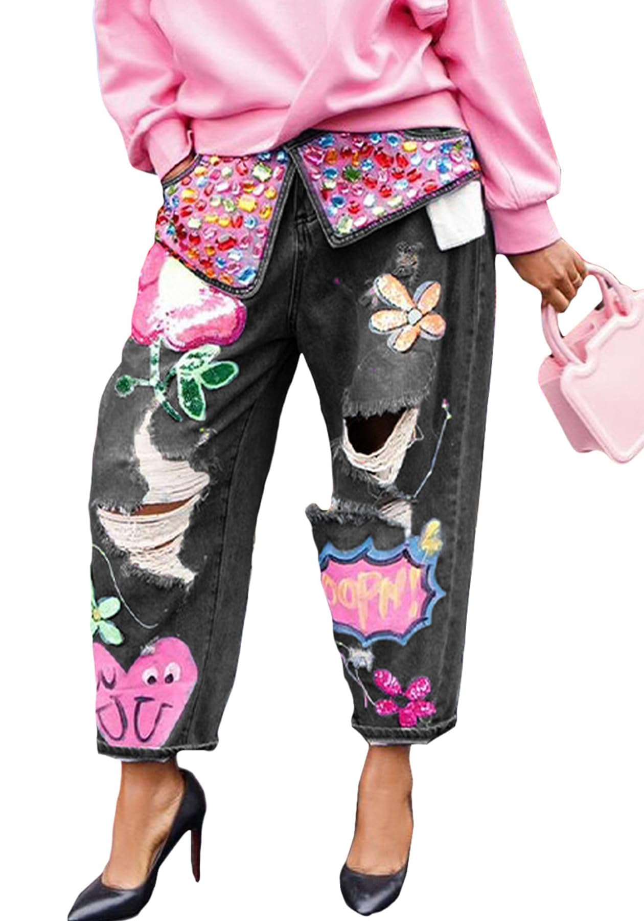 JEKYUARA Women's Barrel Jeans Wide Leg High Waist Rhinestone Floral Horseshoe Ripped Baggy Cropped Jeans Denim Pants