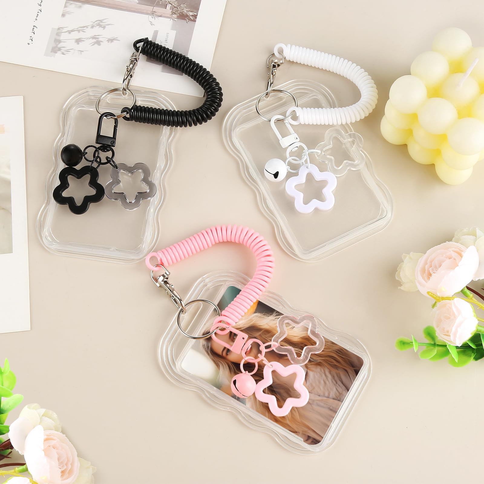 3 sztuki kluczyka Photocard Holder, Star Bells ID Card Holder z odpinanym linkoszkiem, dwustronny uchwyt na dowód, karty z zdjęciami dla dowód, karta autobusu, wyświetlacz zdjęć idola (Biały, Czarny