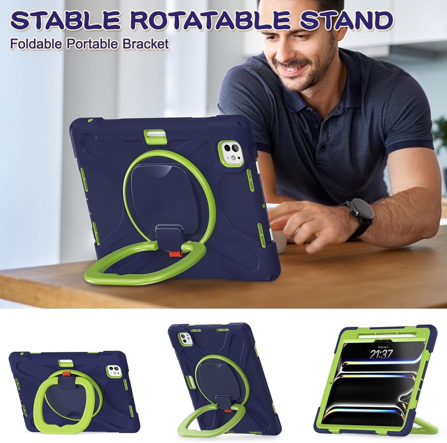 For iPad Pro 11" Case 2024, Heavy Duty Protection, Pencil Holder, 360° Rotatable Stand, Shockproof Silicone Hard PC Shell, Adjustable Shoulder Strap Rugged Cover for iPad Pro 11 (M4, A3006), Navy Blue