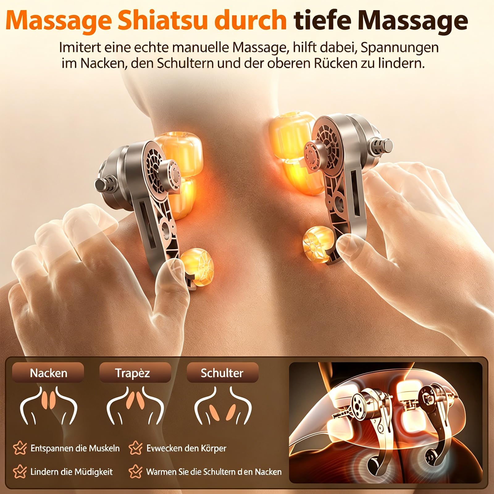 Elektrische Nackenmassagegeräte, Shiatsu Neck Massager Nackenmassagegerät Kabellos mit Wärme Tief Kneten Massage Kissen Geschenke für Nacken Schulter Rücken Frauen Männer