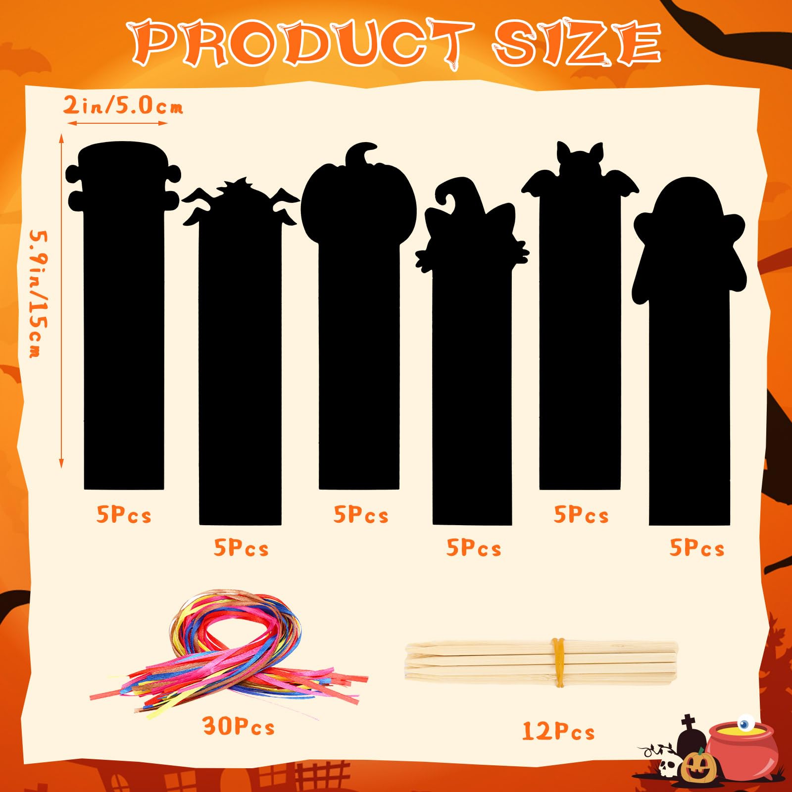 JUNEBRUSHS 30Pcs Halloween Scratch Bookmarks, Rainbow Magic Scratch Paper Art Pumpkin Bat Spider DIY Crafts Kit for Halloween Gifts - Image 2