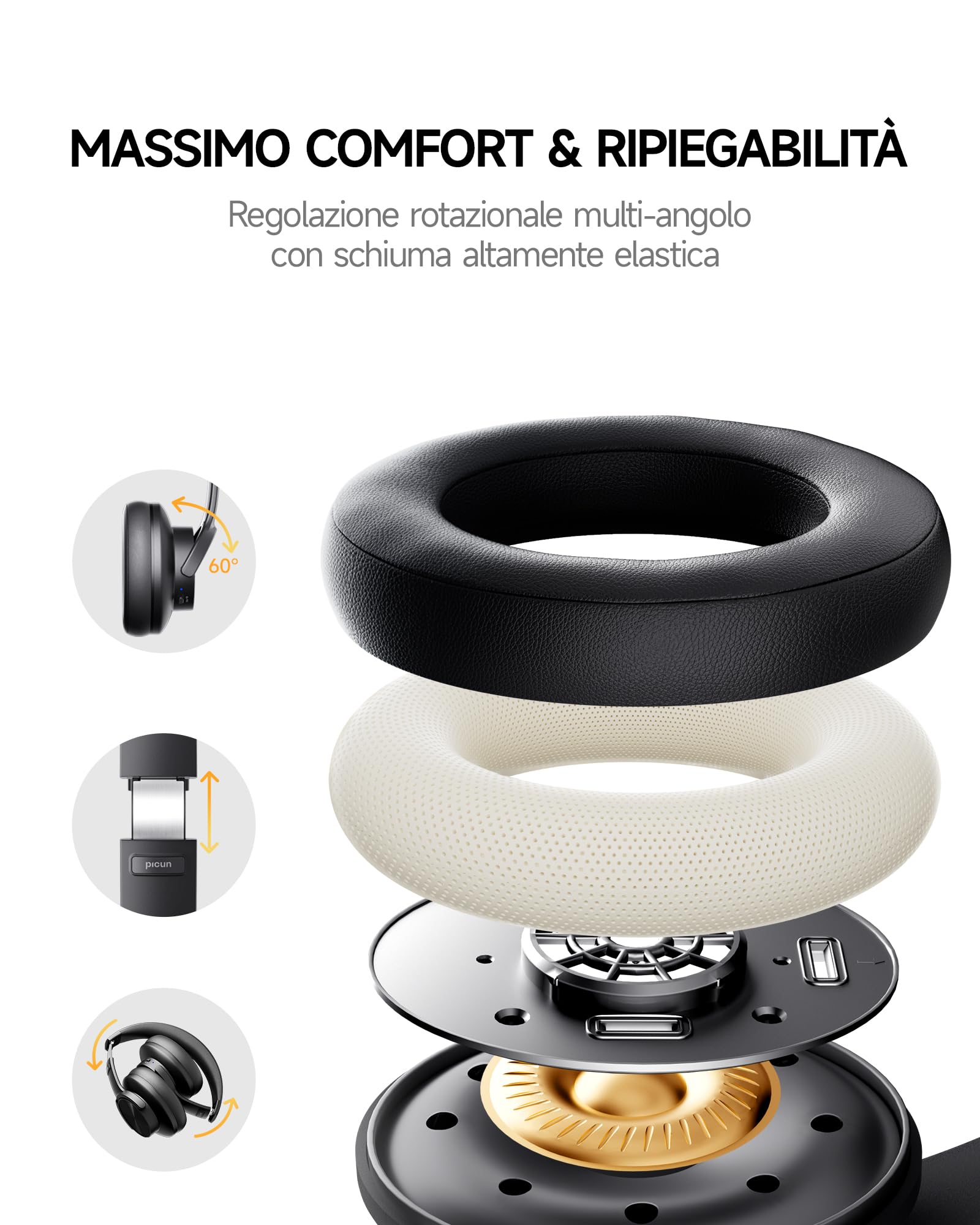 Picun Auriculares Bluetooth B8, 120 Horas de reproducción, inalámbricos, Bluetooth con 3 Modos de ecualización, Baja latencia, Llamadas Manos Libres, Auriculares sobre la Oreja para Viajes