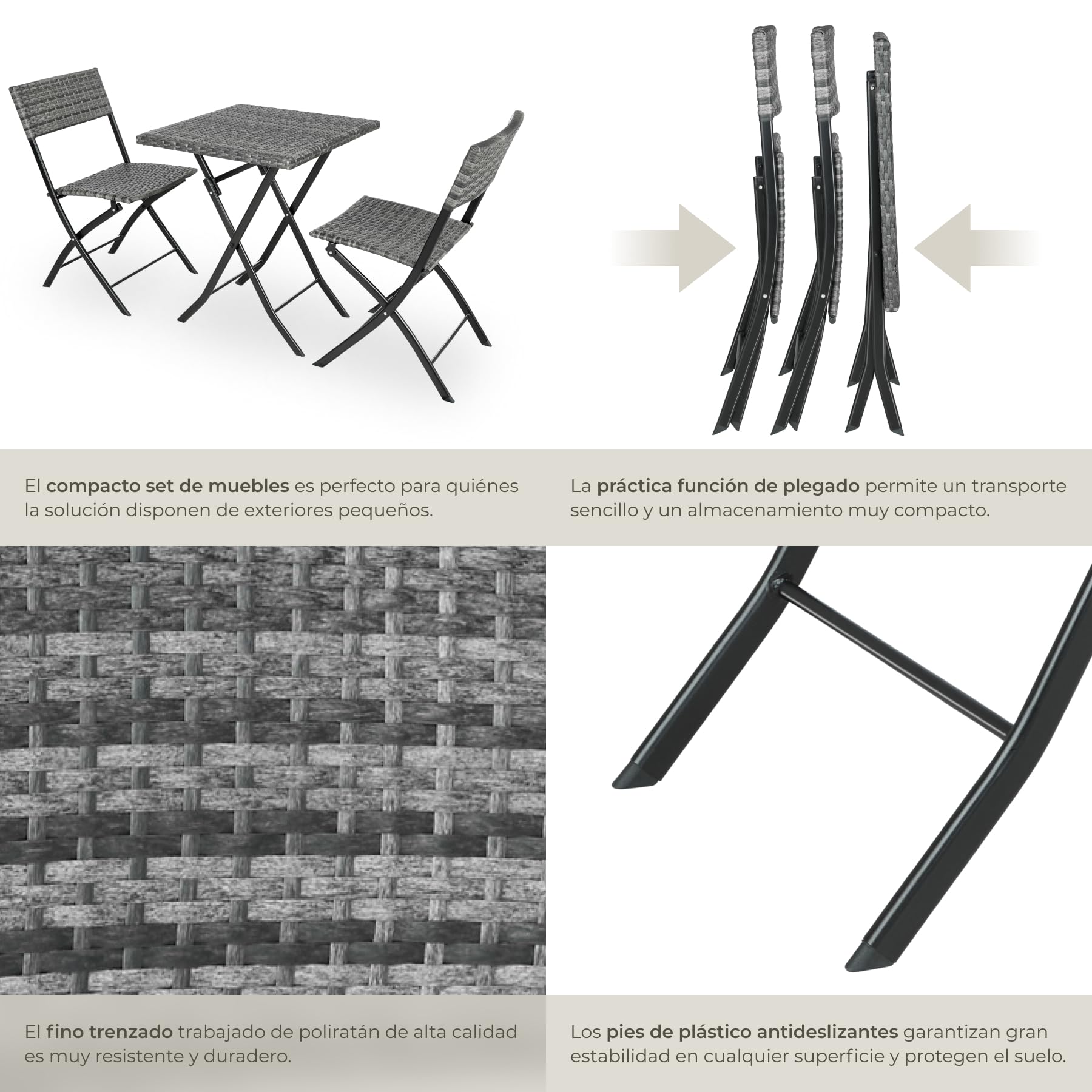 tectake® Conjunto Jardín Exterior de Ratán y Acero para 2 Personas, Muebles Jardín Exterior Resistentes a Intemperie, 2 Sillas y 1 Mesa, con Topes de Plástico, Plegable, Ligero y Compacto - Gris — view 7