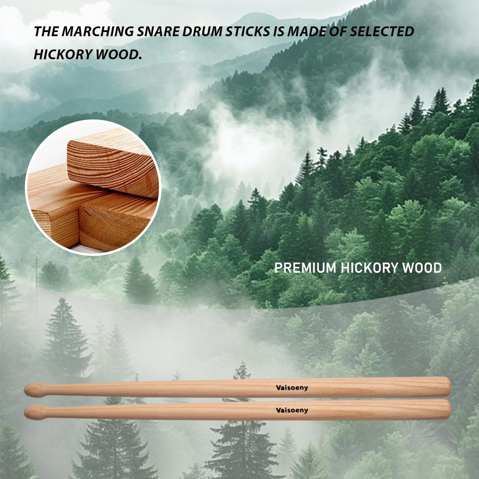 Vaisoeny Marching Drum Sticks, Hickory Marching Snare Drum Sticks - Image 4