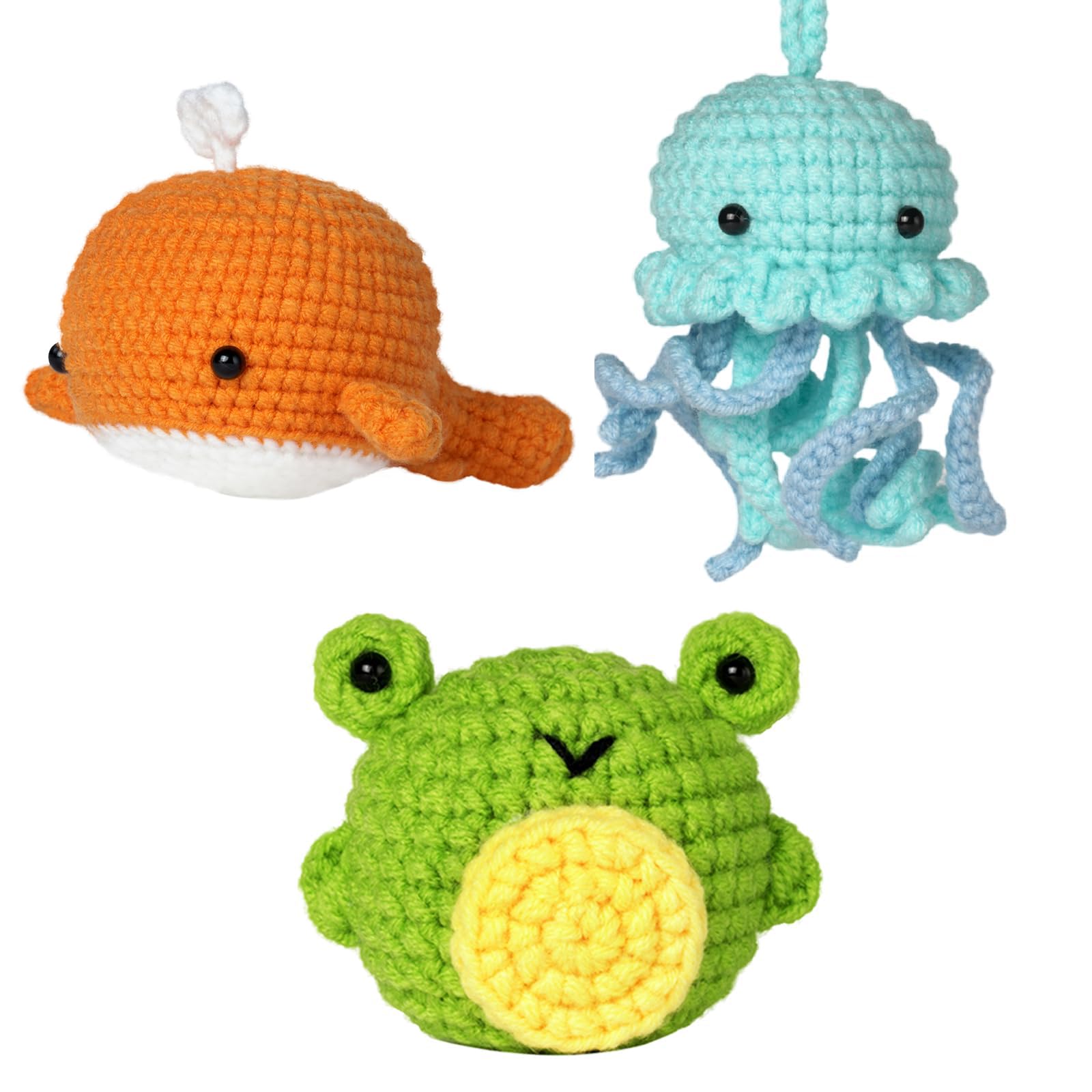 Beginner Crochet Kit with Animals, DIY Crochet Kit for Frog, Jellyfish, Whale Crochet Starter Kit Animal Crochet DIY Kit for Complete Beginners with Step-by-Step Instructions and Video Tutorials