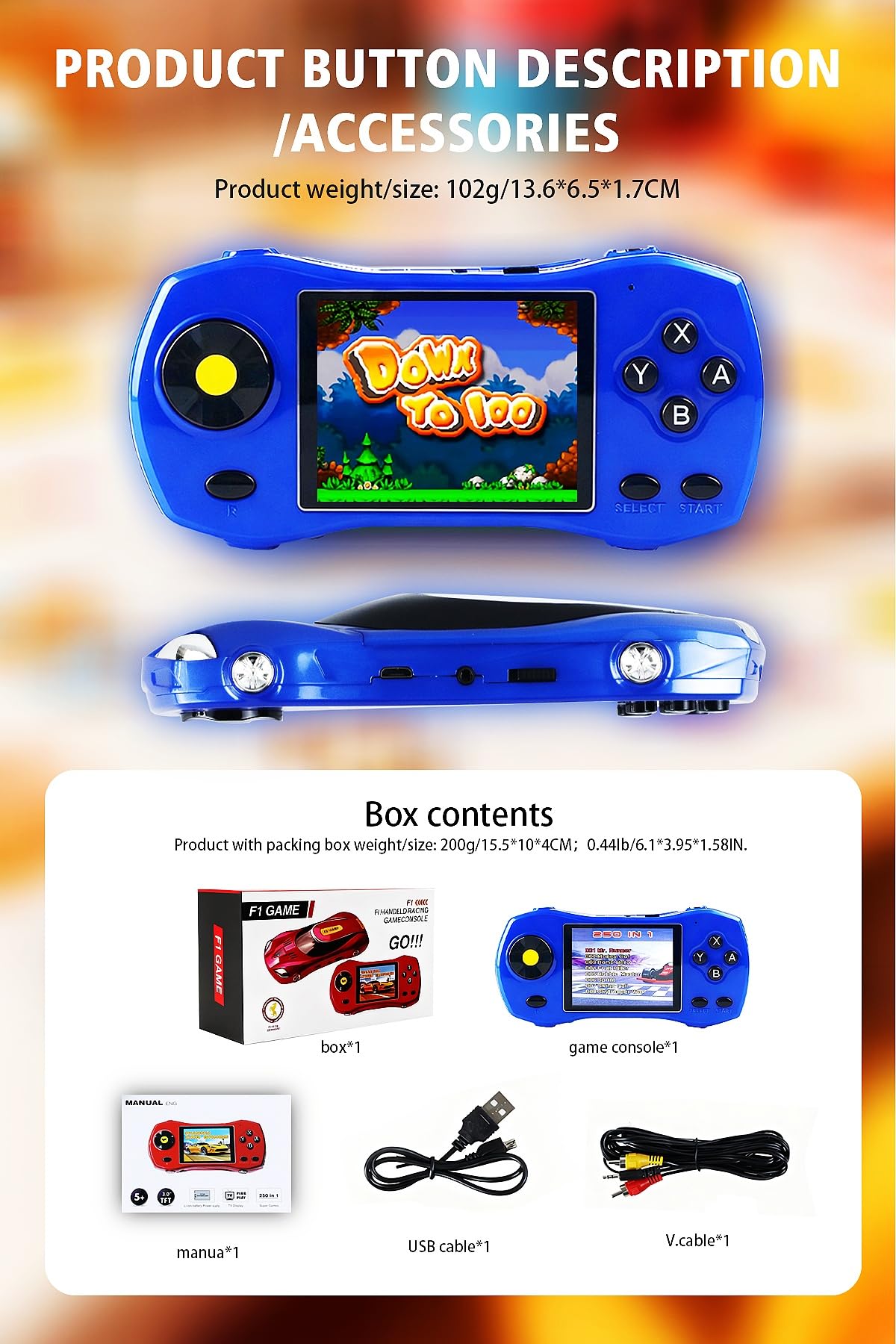 HLF Console de Jeux pour Enfants 3.0 Pouces Design Inspiré des Voitures de Sport 250 Jeux 64bit Connexion TV Jeux Portables pour la Maison et Les Voyages Cadeau d'anniversaire/de Noël