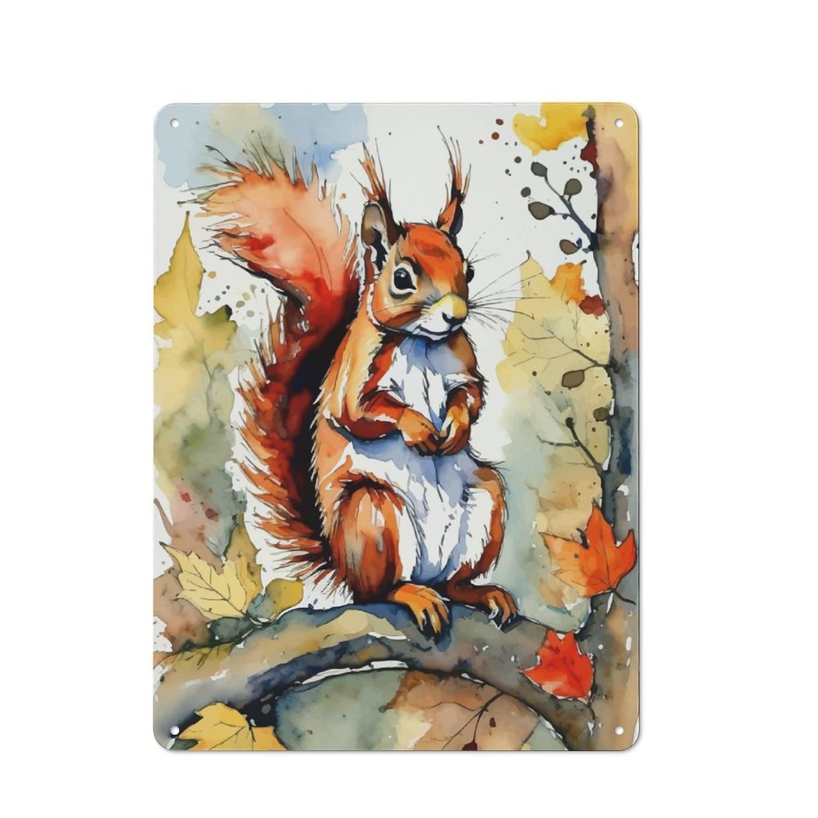 Junmoney Red Squirrel Watercolor Painting 40X30cm Rustic Metal Plaque With For Café Or Restaurant, For Themed Interiors In Cafés And Restaurants