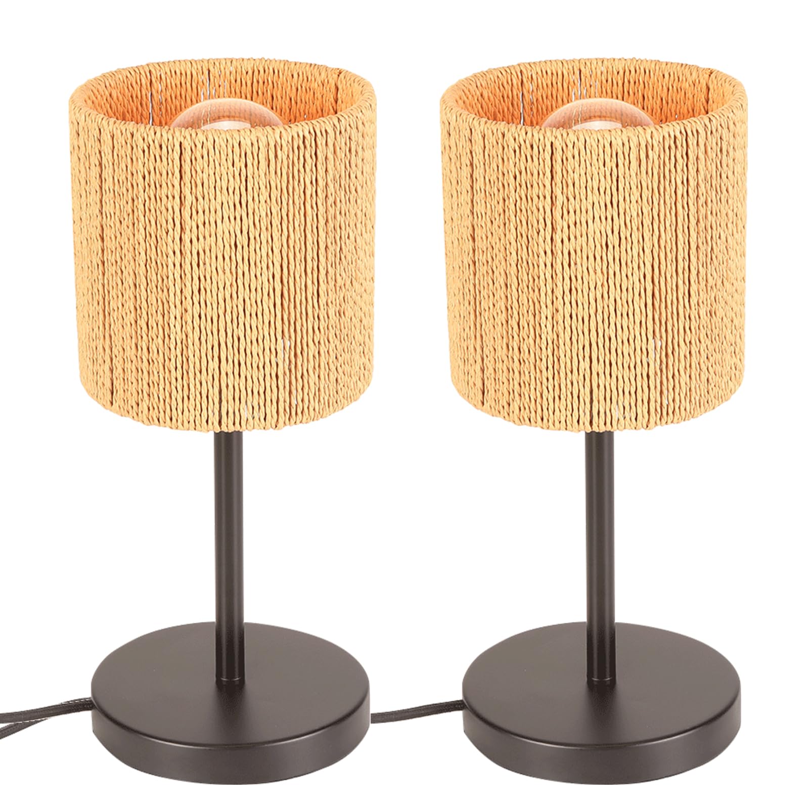 2 Piezas Lámpara de Mesa Vintage Lámpara de Mesita de Noche Pantalla de Ratán de Estilo Bohemio Iluminación de mesa E27 Luz de Noche Deco para dormitorio Oficina Lectura