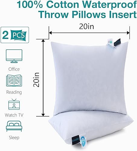 Miniatura 2 de KAKABELL Juego de 2 rellenos de almohada impermeables de 20 x 20 pulgadas, rellenos de plumas para sofá, con funda de algodón 100%, almohadas