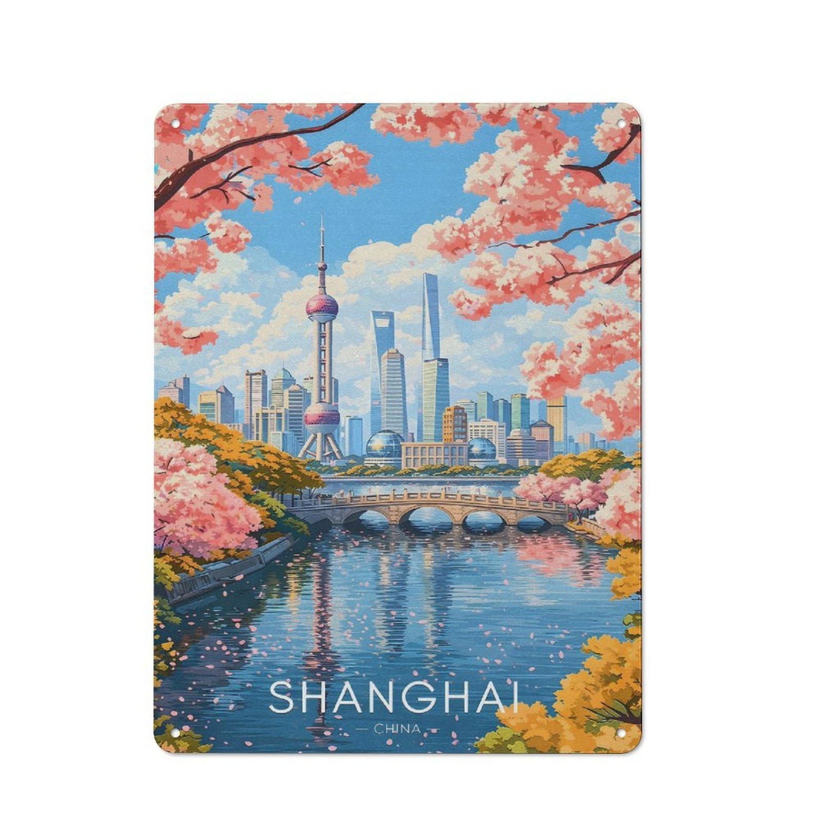 Junmoney Style-3 Rustic Shanghai Skyline With Cherry Blossoms Rustic Tin Sign 40X30cm, Porch Wall Decor For Greenhouse, Garden Room, Cafe Or Entryway
