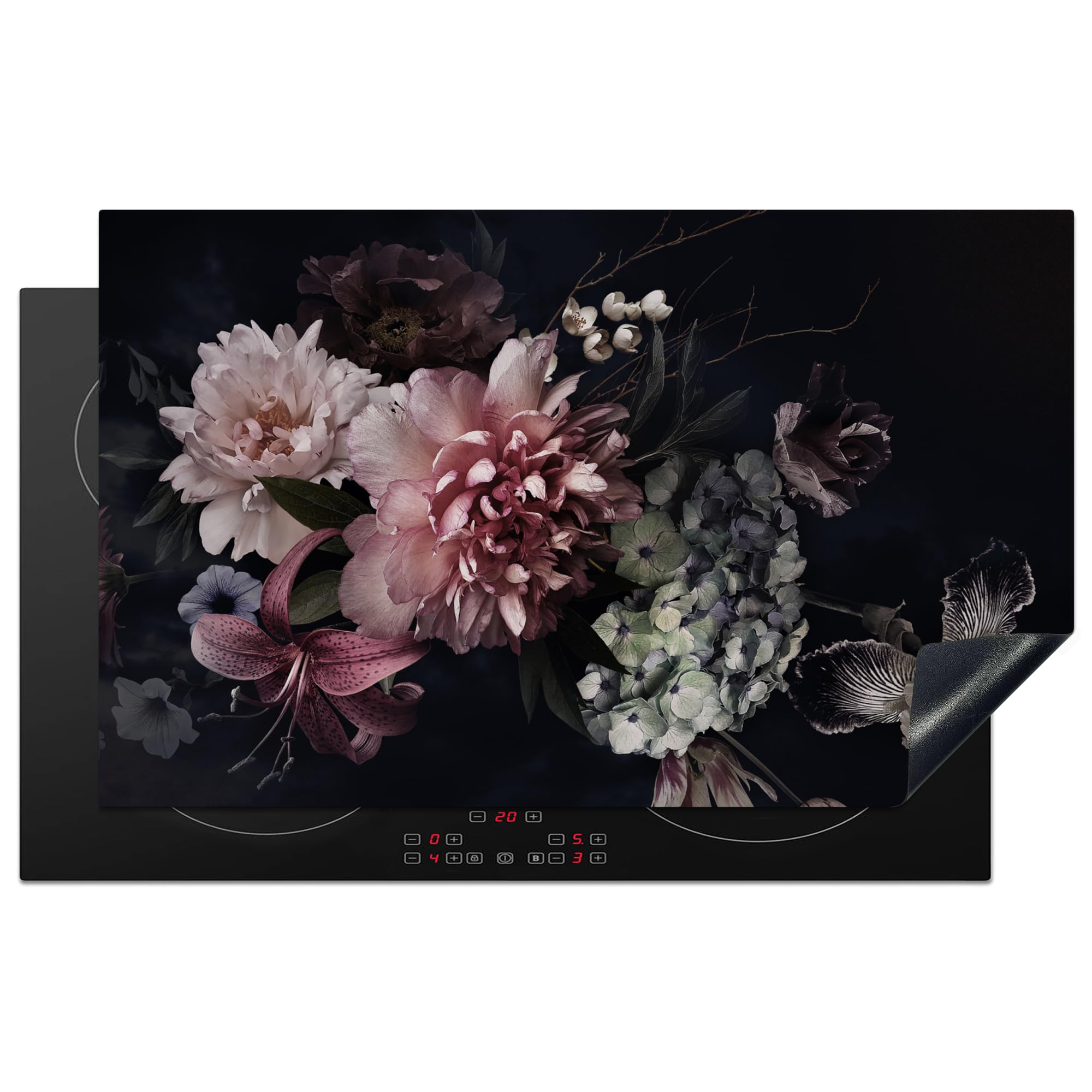 KitchenYeah© Induction Hob Cover Protector Mat 20.3"x32.7" / 83x51.5 cm Kitchen Universal Ceramic Covers for Electric Cookers Vinyl Flowers - Vintage - Pastel - Pink - White