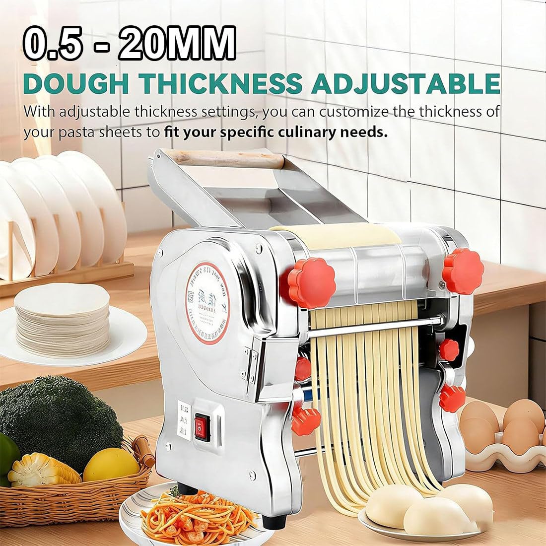 Máquina para hacer pasta de acero inoxidable, rodillo eléctrico de 550 W, cortador de masa resistente, laminador de masa para empanadillas, para uso doméstico y en restaurantes.