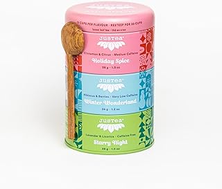 JusTea HOLIDAY TEA TRIO | Stacking Tins Variety Pack with Hand Carved Tea Spoon | Loose Leaf Tea | Variable Caffeine | Fai...
