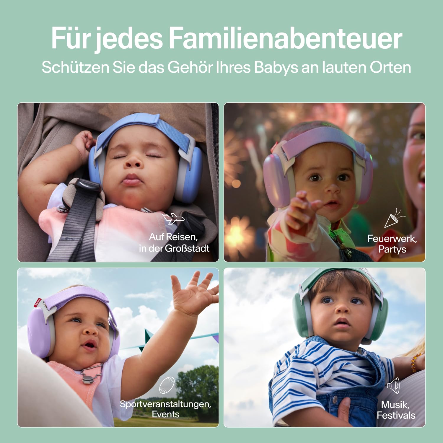 Alpine Muffy Baby Comfort Gehörschutz für Babys & Kleinkinder Getestet in Deutschland Kopfband Verstellbar Grün