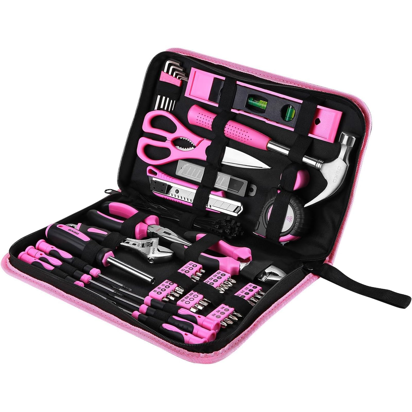 DEKO Juego Herramientas Rosa 110 Piezas, Kit de Herramientas básico para Damas para mujer con Bolsa de Transporte Fácil, para Bricolaje y Reparaciones Diarias