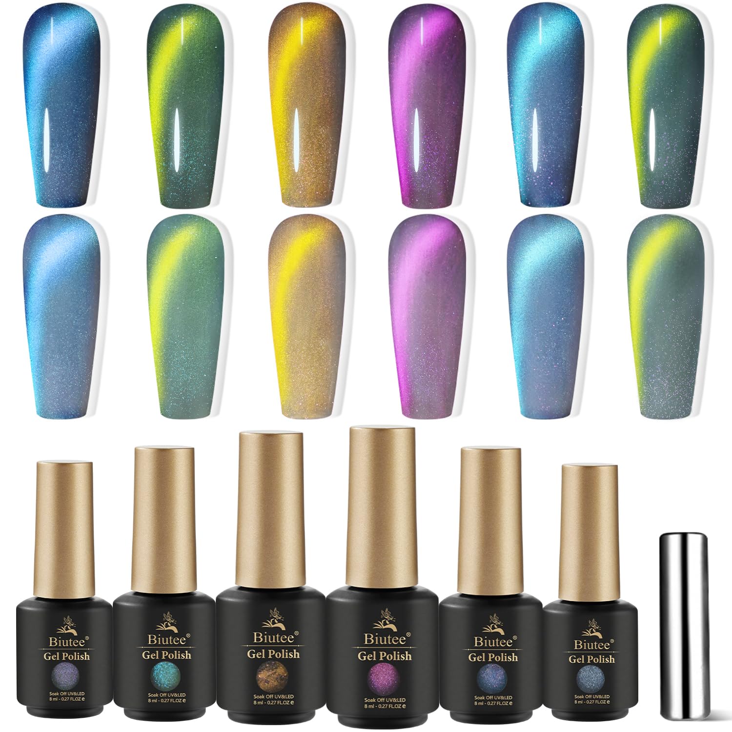Biutee Smalto Semipermanente Unghie Magnetico - Blu Giallo Verde Brillantini Cat Magnetic Eye - Smalti Semipermanenti per Unghie Soak-Off U V/LED Art Salone 6pcs