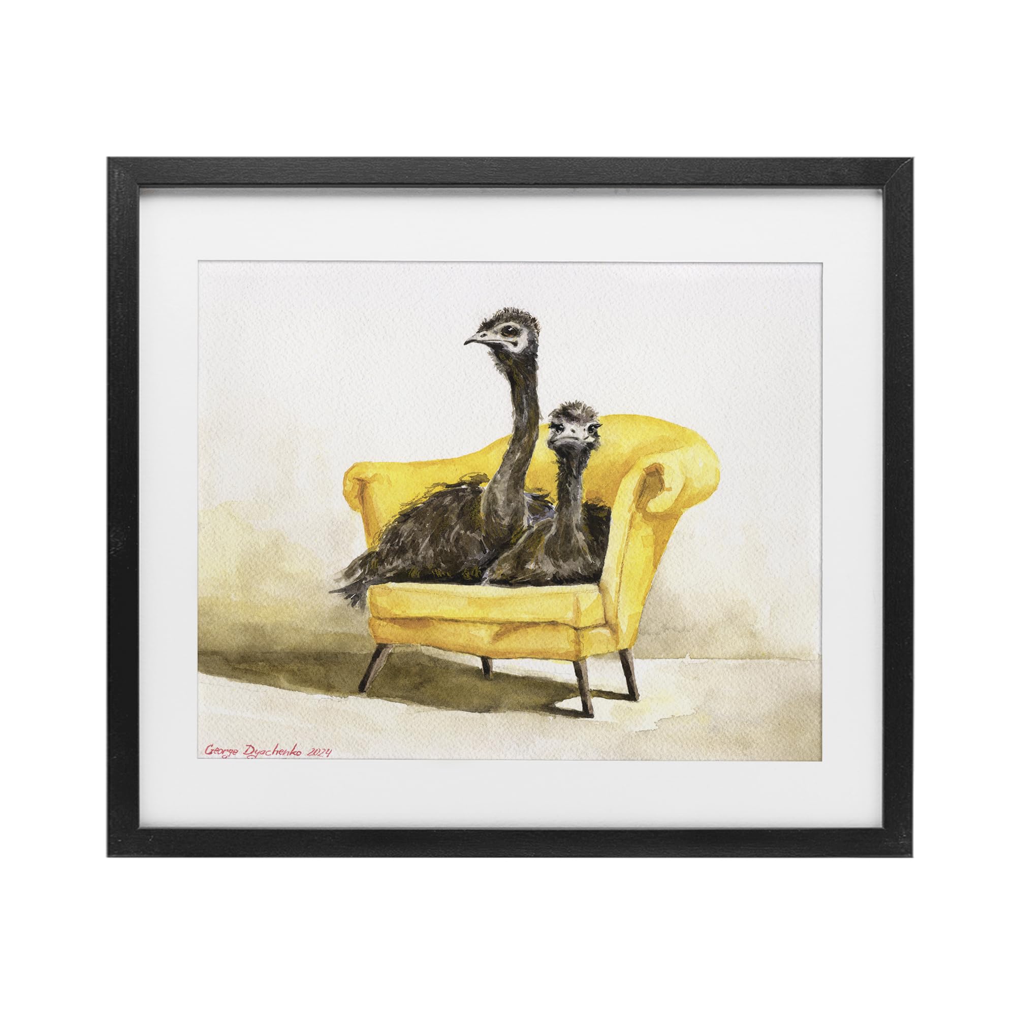 Stupell Industries Funny Ostriches on Yellow Chair Black Framed Print Under Glass, design by George Dyachenko, 17 x 21