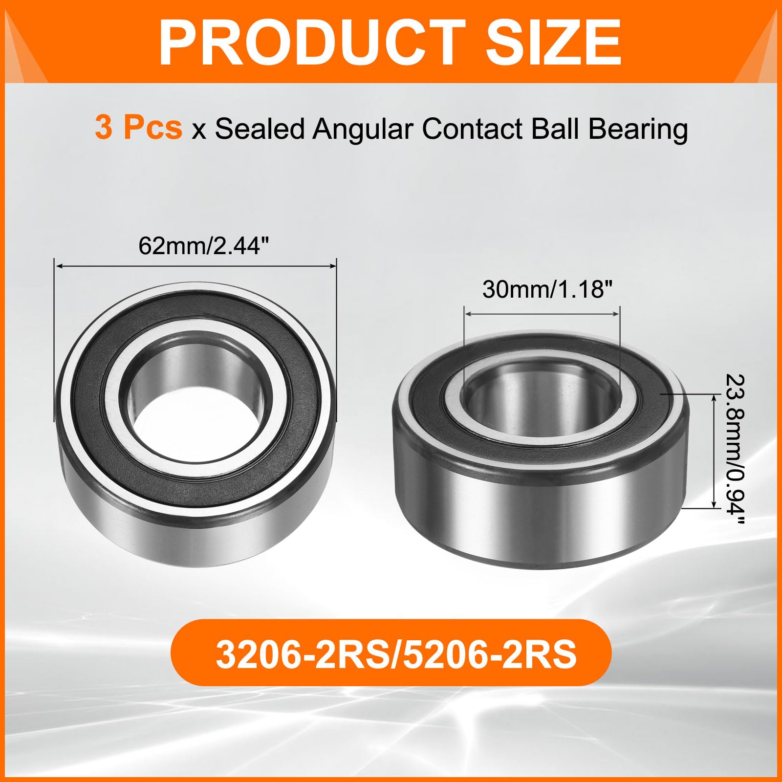 sourcing map 3 cuscinetti a sfera a contatto obliquo sigillati a doppia fila 3206-2RS/5206-2RS, 30 x 62 x 23,8 mm, per motori elettrici, pompe, compressori, macchine agricole