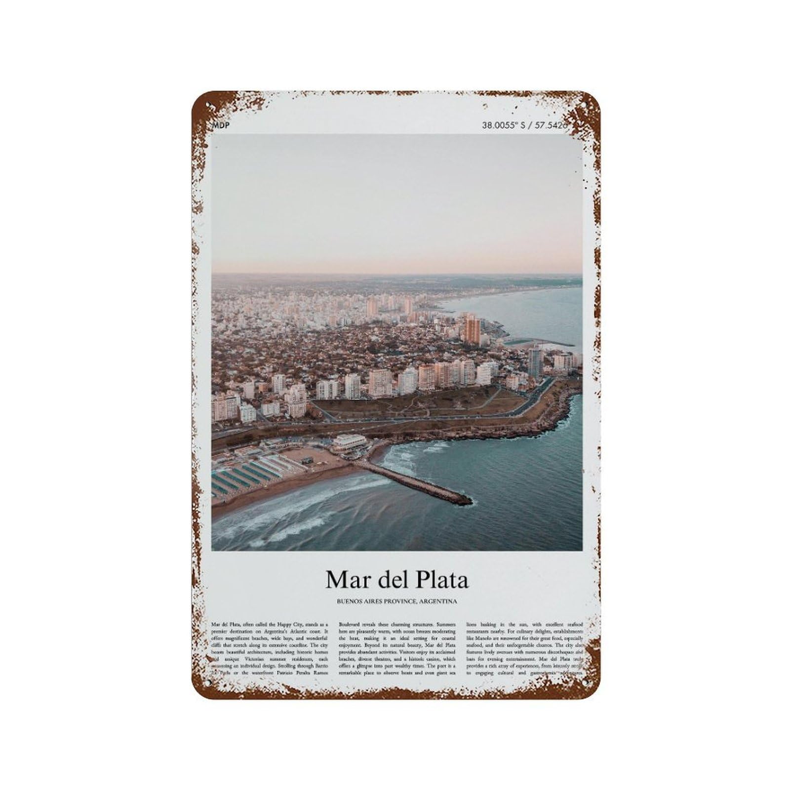 xiaoxiaoshen Mar Del Plata Buenos Aires Province, Argentina City Scenery Wall Decor Art Metal Tin Poster Modern Home Decor Art Home Bar Shop Decorations Vintage Sign 30x20cm