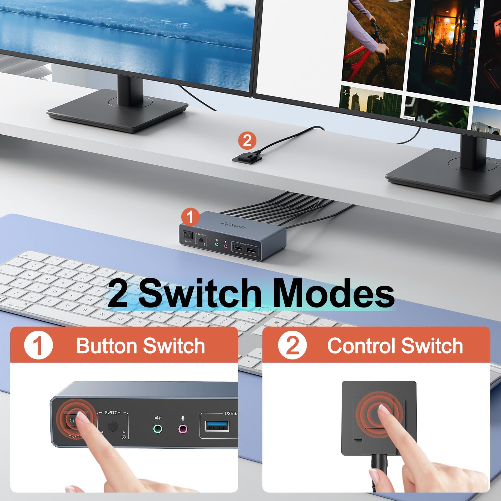 Alxum HDMI KVM-Switch für 2 Monitore und 2 Computer, Dual-Monitor KVM USB-Switcher, 4K@60Hz, unterstützt Kopier- und Erweiterungsmodus, mit USB 3.0-Ports, Desktop-Controller und 2 USBKabeln.