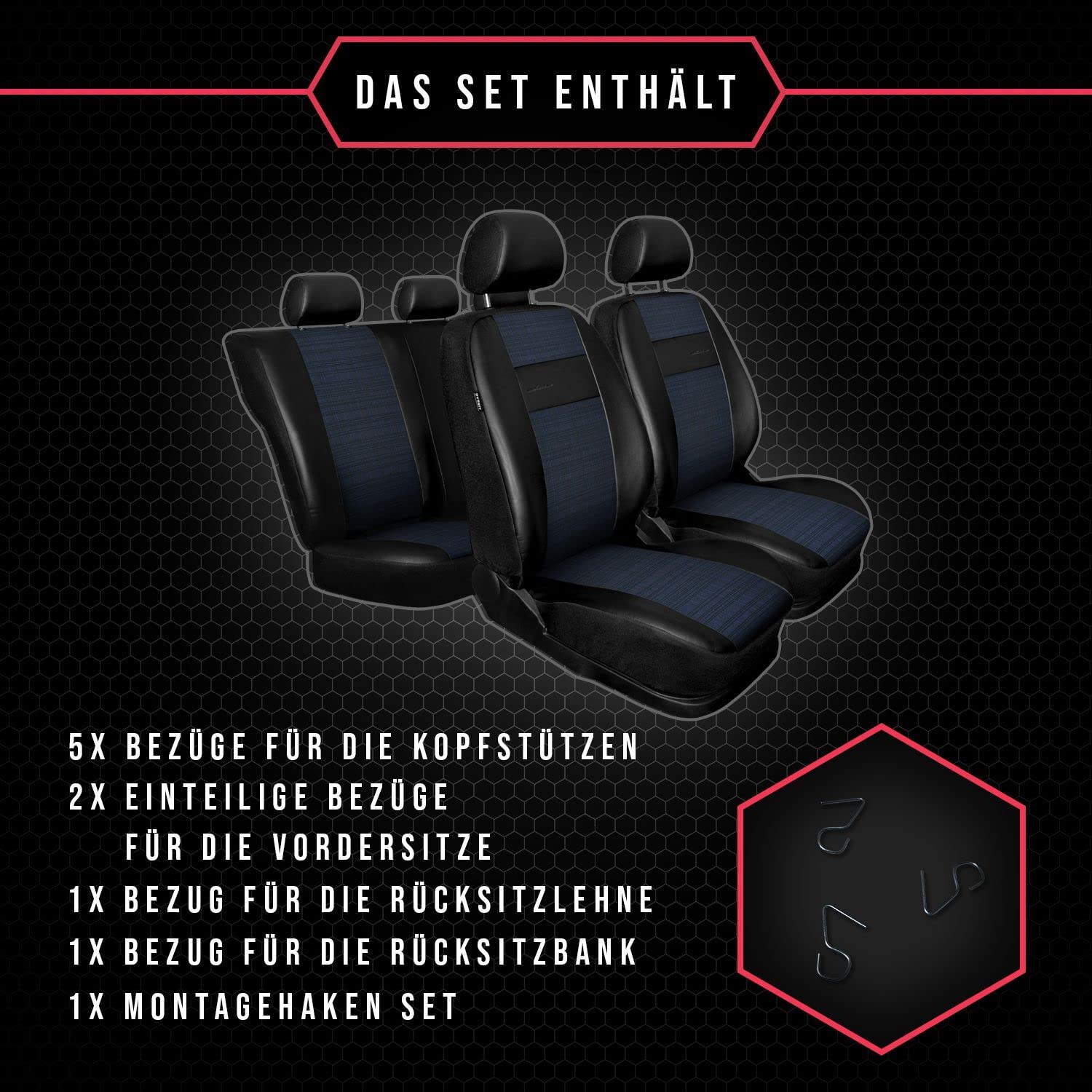 3er Set Saferide Autositzbezüge PKW universal | Auto Sitzbezüge Kunstleder Blau für Airbag geeignet | für Vordersitze und Rückbank | 1+1 Autositze vorne und 1 Sitzbank hinten teilbar 2 Reißverschlüsse
