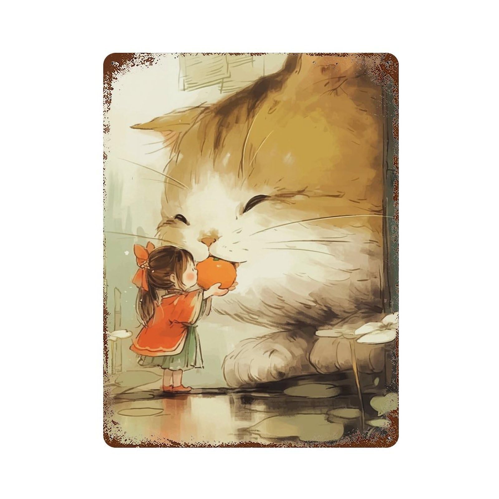Rust Effect Girl Feeding Giant Cat Aged Metal Wall Plaque 15.7"x11.8", Rustic Home Decor for Bistro, Counter And Cafe Decor