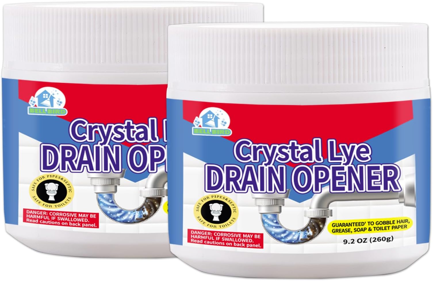 BELL BIRD Crystal Lye Drain Opener, 9.2oz Lye Sodium Hydroxide, Unclogs Bathroom Kitchen Sinks, Shower Pipes & Toilets, Sink Drain Cleaner, Clog Remover for Clogged Drains Bathtub Pipes (2PCS)