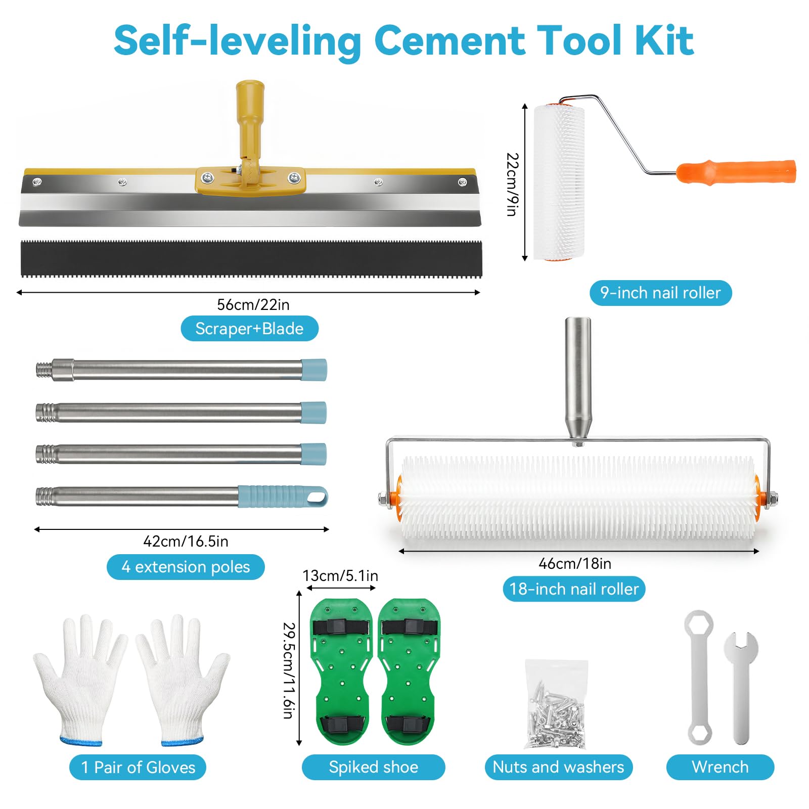 Kit de nivellement à picots, peinture pour sols, rouleaux aérateurs doubles (deux tailles), spatule, manche télescopique, gants de protection, compensateur pour rouleau à picots