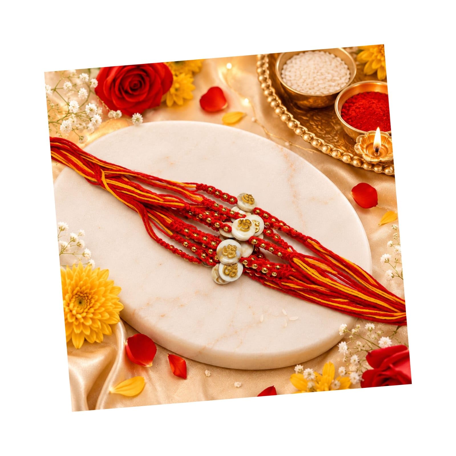 Handcrafted Om Designer Rakhi for Bhaiya, 12 Pcs Traditional Dori Thread with Golden Beads, Elegant Bracelet for Brother with Roli Chawal, Rakshabandhan Bhaiya Rakhi-picture-40