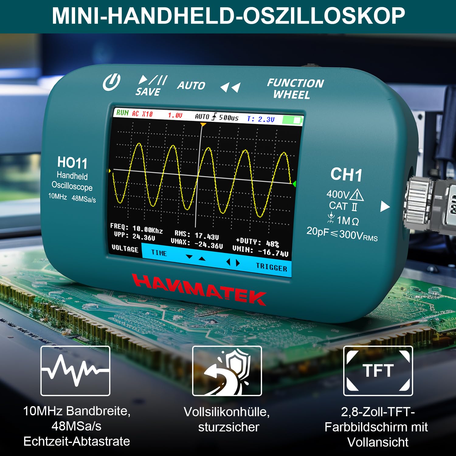 HANMATEK HO11 Handheld Digital Oszilloskop - 10MHz Bandbreite, 48MSa/s Hochpräzisionsabtastung, 2.8“ TFT Display, USB aufladbar, fortschrittliches Triggersystem, tragbar für Feldarbeit