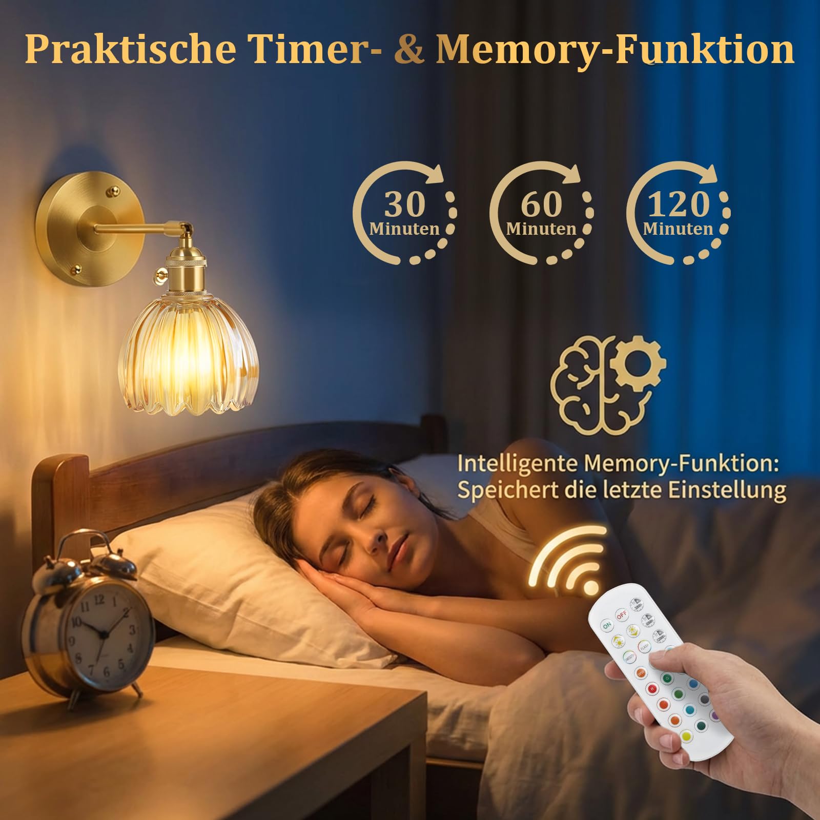 Akku Wandleuchte Innen 4000mAh Retro 2 Stück, Gold LED Wandlampe ohne Stromanschluss mit Glas Tulpe Schirm, Dimmbar & RGB Speicherfunktion Timer Fernbedienung für Schlafzimmer Flur Wohnzimmer