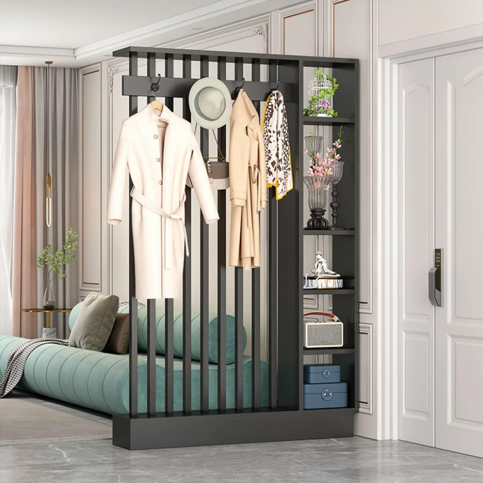 Multi-Functional Entry Hall Storage Rack Wood Room Divider Screen,room divider with shelves,Freestanding Privacy Partition with Coat Rack and Display Shelf for Home Office(Gray+Black,120cm/47.2'')