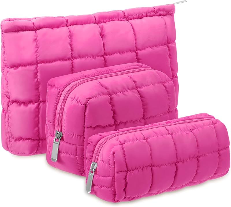 Necessaires de maquiagem Huhumy acolchoadas xadrez rosa-choque, 3 unidades, tamanho médio