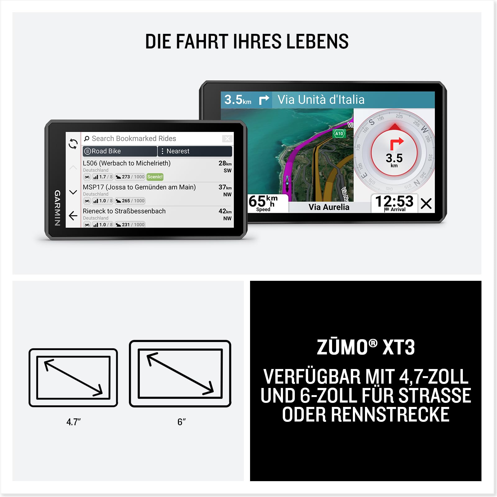 Garmin zūmo XT3-6-Zoll, Motorrad-Navi, HD-Farbdisplay, Satellitenbilder, Michelin-Strecken, vorinstallierte EU-Karte, Schräglagenanzeige, Verkehrs- und Wetteranzeige, Lap Time Übersicht