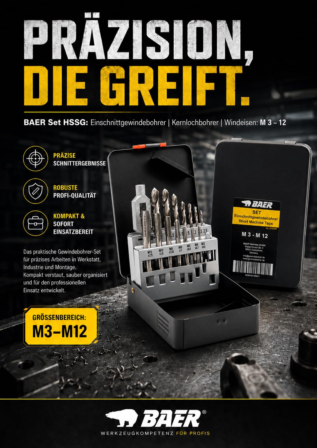 BAER Set di maschi filettati M3 – M12 HSSG – 15 pezzi | Set con trapano a foro e binari | Cassetta metallica professionale