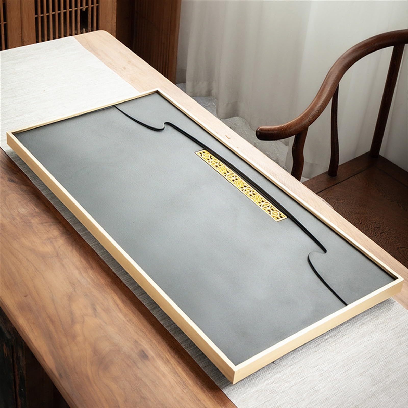 Bandeja de té de ébanita natural, mesa de té simple de piedra negra y dorada, 80 x 40 x 3 cm, bandeja de mar de cobre para juego de té en casa, elegante plato de té