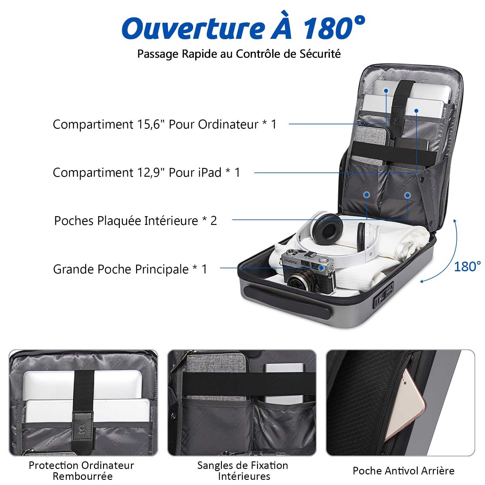 VARLIVOO Hommes Sac à Dos avec USB Port Daypack Ordinateur Portable 15.6" Pouces Antivol Mot Passe Verrouiller Sacs D'école École Collège Entreprise Travail Université Voyager Polyester Argent