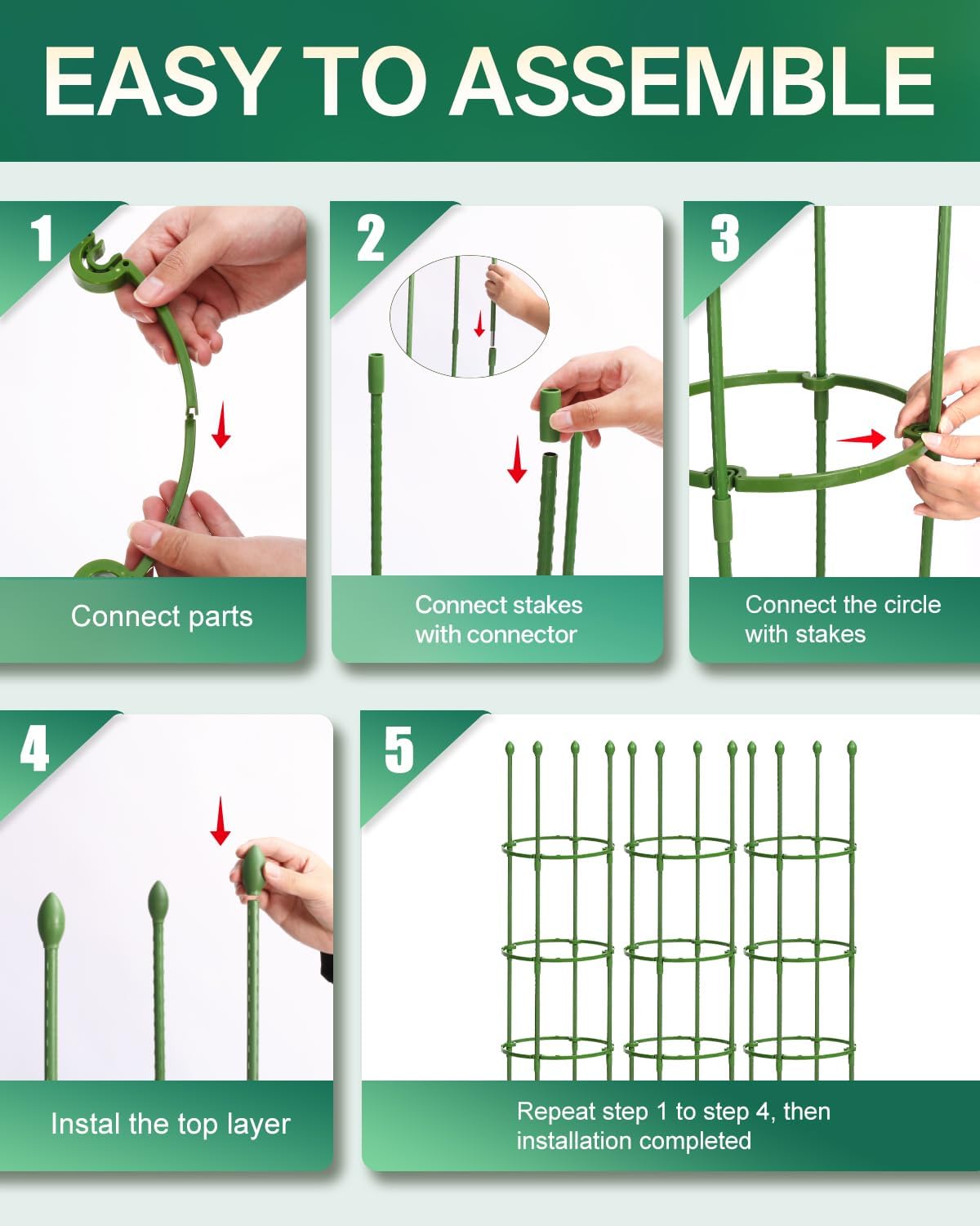 Breeze Touch Tomato Support Cages 3 Pack, Adjustable Tomato Trellis Up to 59 Inch for Garden & Pots, Small Plant Cages, Plant Support for Climbing Vegetables, Flowers, Beans, Cucumber, Peony