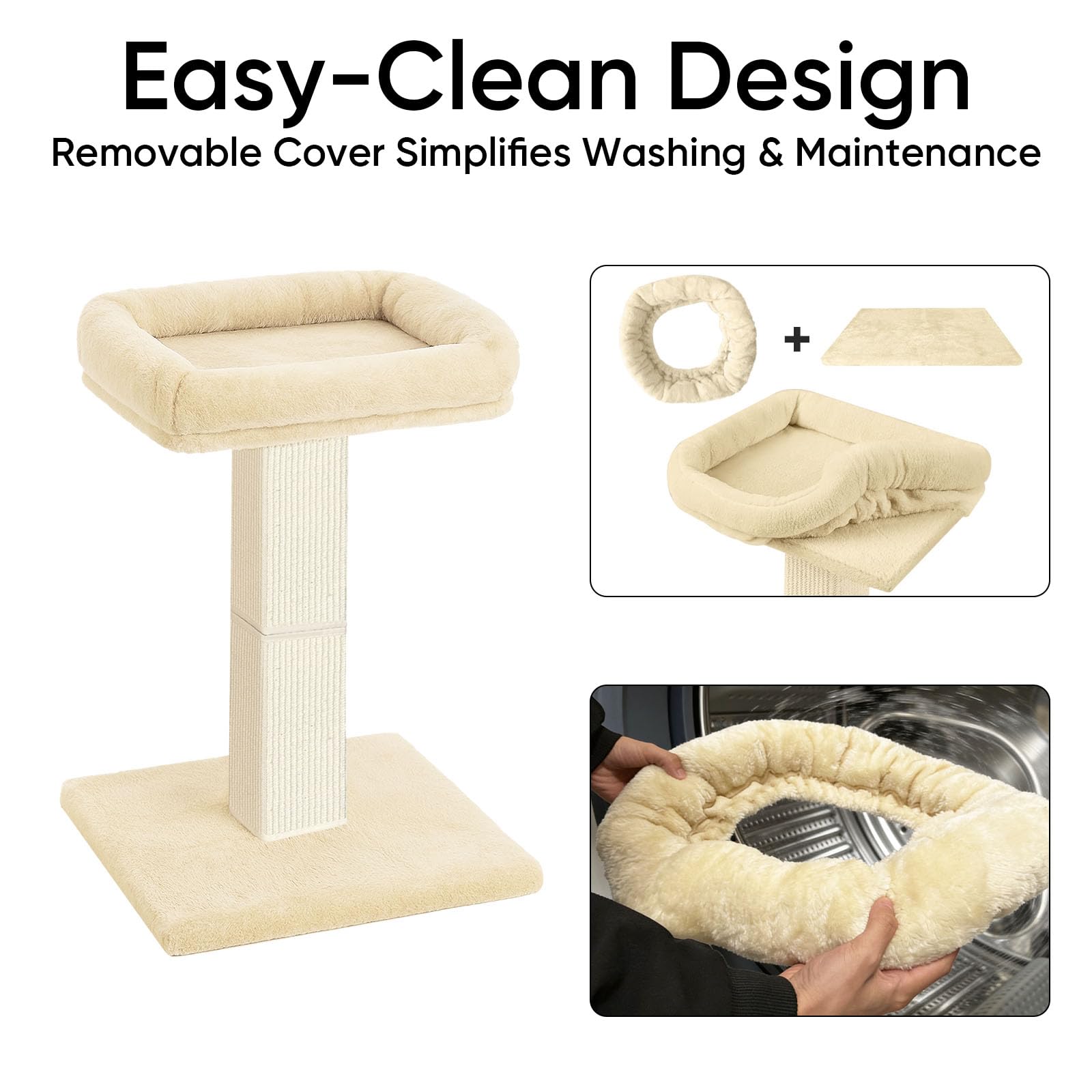 Tiragraffi per gatti, 81,3 cm, con grande posatoio in peluche, tiragraffi in sisal e moquette, pali verticali con letto rialzato per gatti domestici, fodera rimovibile e lavabile, beige