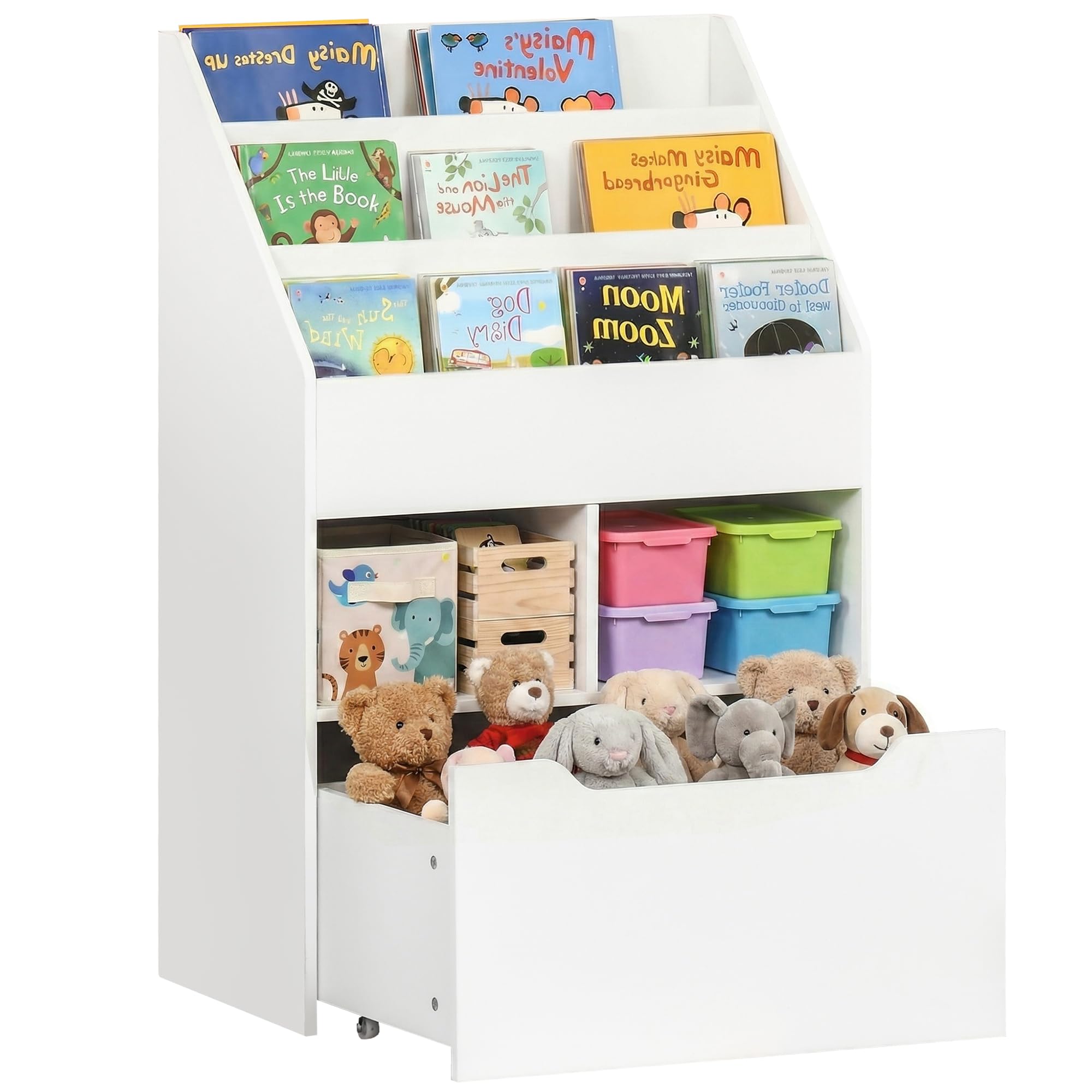 HOMCOM Kids Bookshelf with Moveable Drawer, Montessori-Inspired Children's Bookcase with Wheels, Toy Organiser for Bedroom, Playroom - White