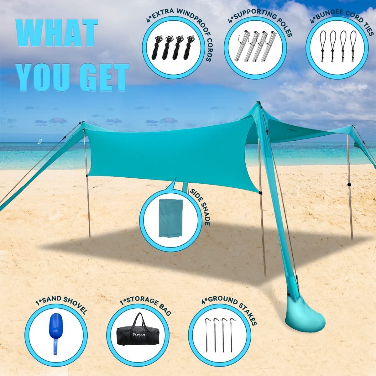 Tenda da Spiaggia Portatile con Protezione UV UPF 50+, Parasole con Ancoraggi per la Sabbia e Barre in Alluminio per Cortile, Campeggio, Pesca e Picnic
