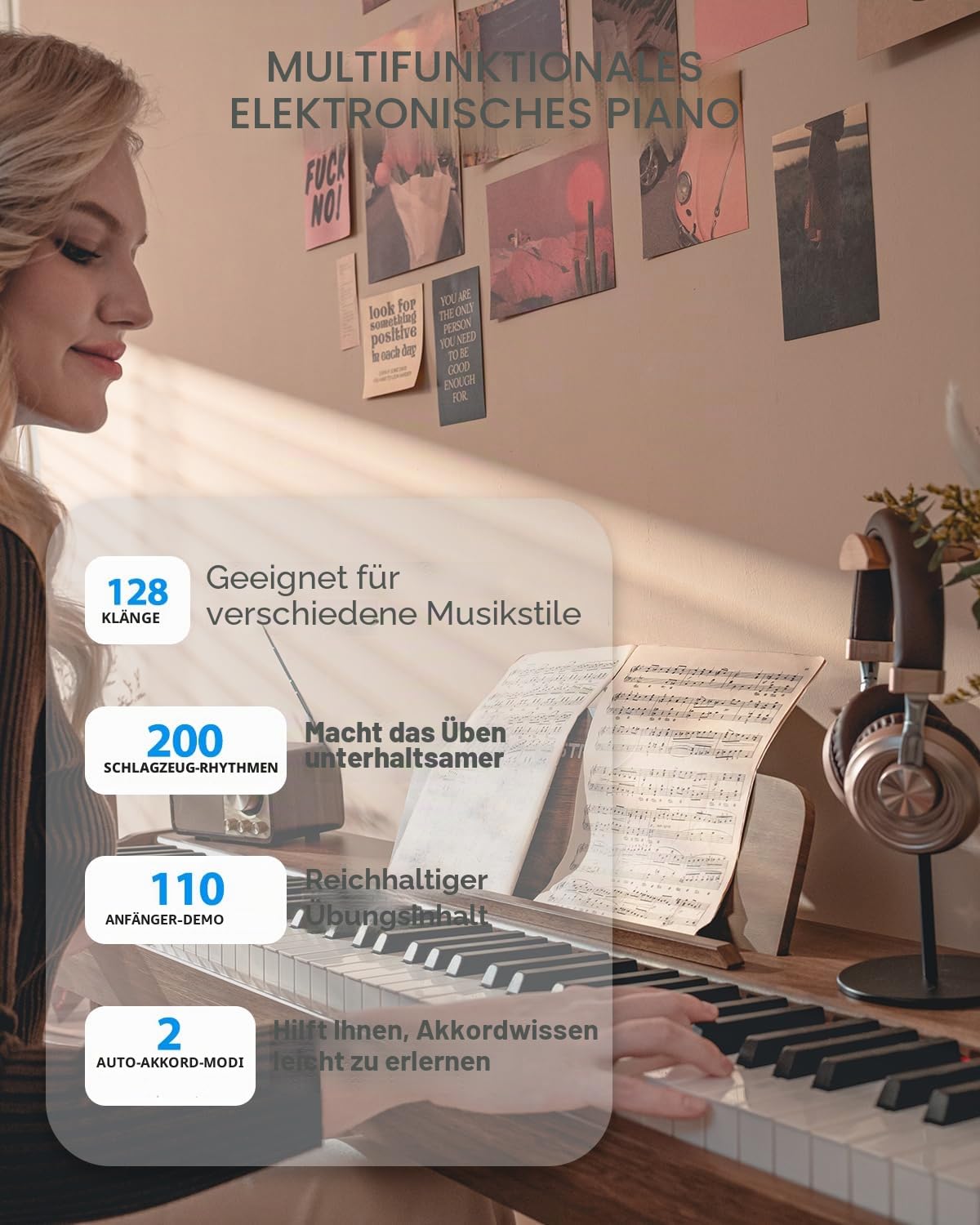 STRICH Digitalpiano 88 Tasten, Hammermechanik-Tastatur in voller Größe, E-Piano mit Ständer, 25W×2 Lautsprecher, unterstützt USB-MIDI & kabellose Verbindung, Modell SDP-300S(Walnussholz)