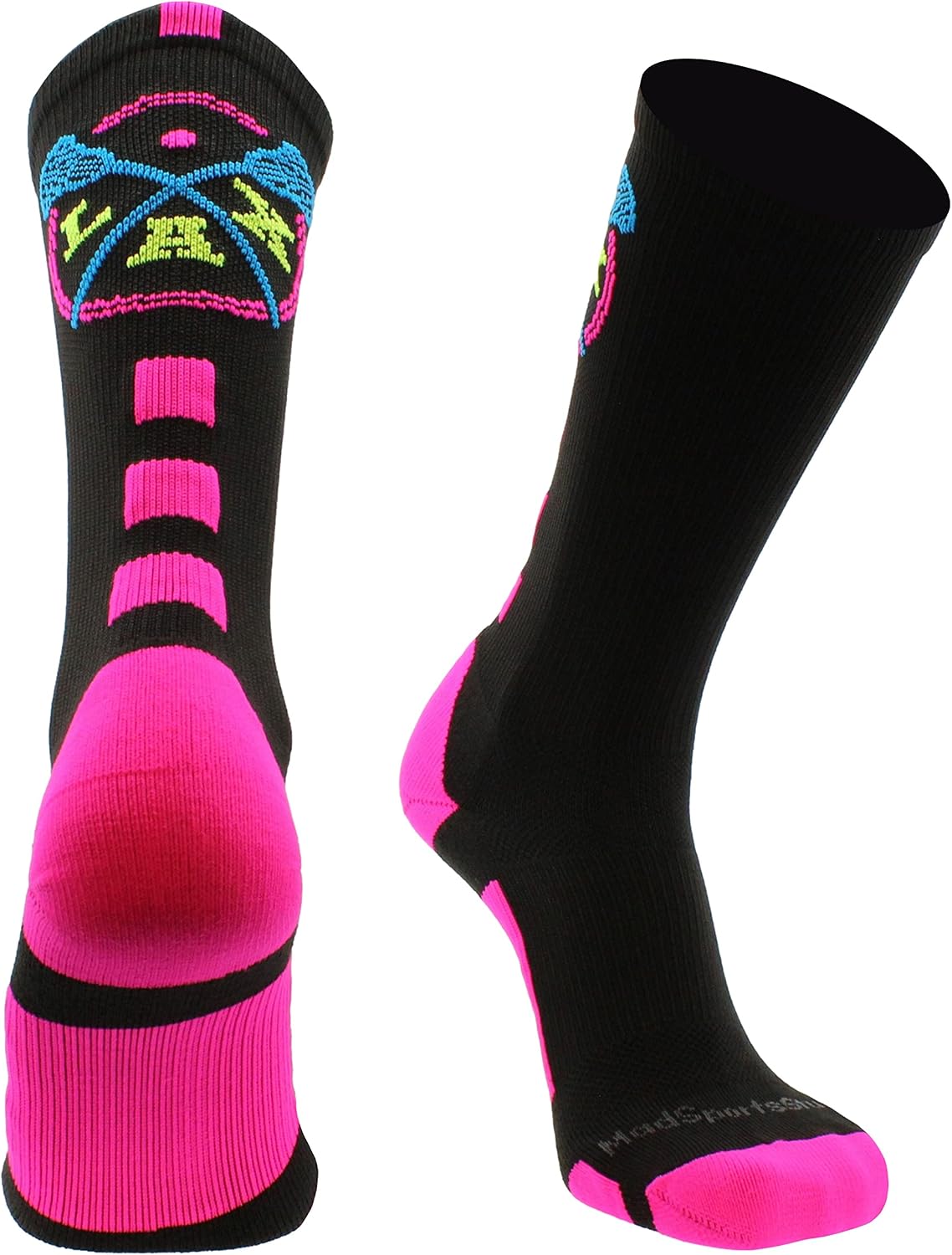 MadSportsStuff LAX Lacrosse Socks with Lacrosse Sticks Athletic Crew Socks (Black/Neon Pink, Small)