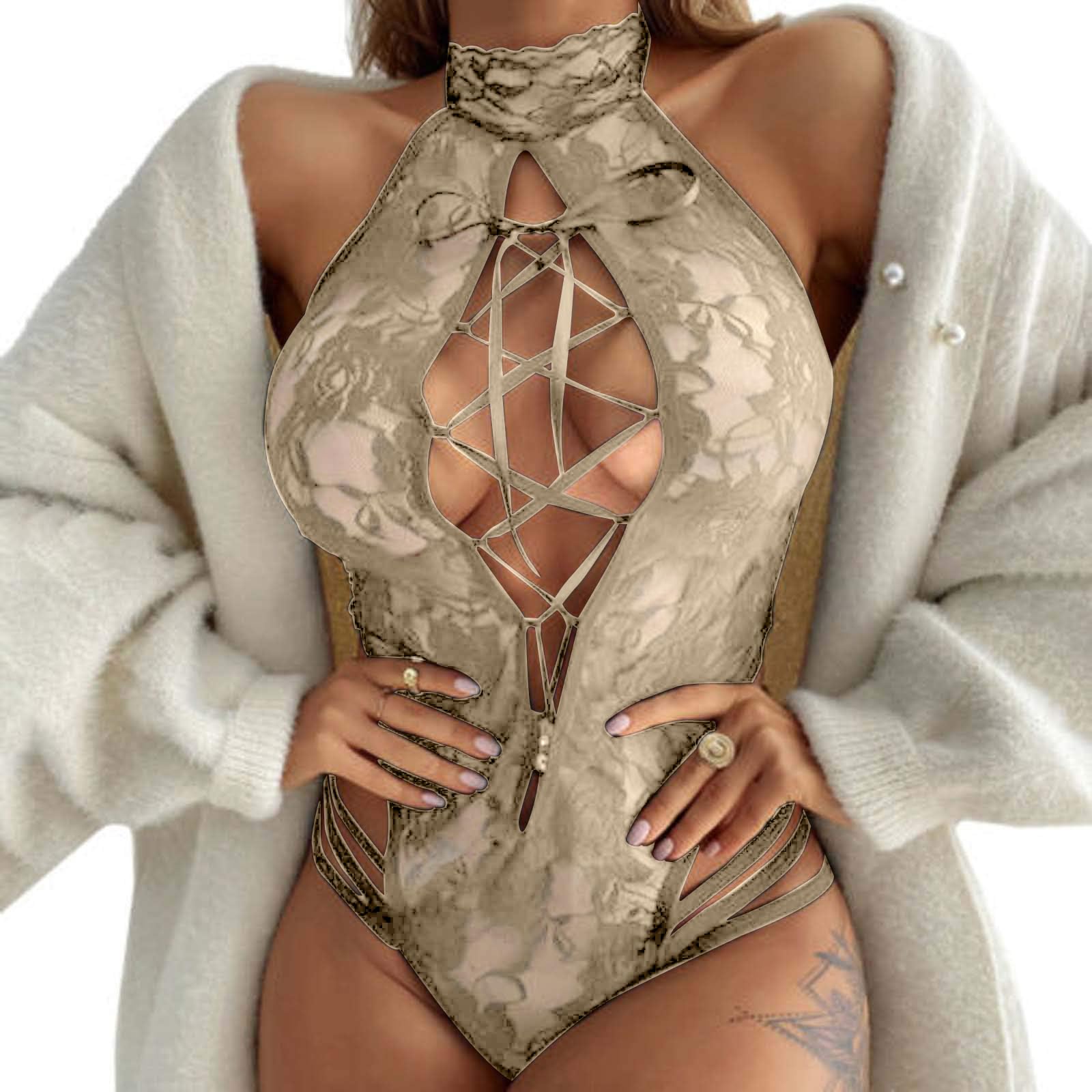 Lace Lingerie for Women, Bodysuit Sexy Babydoll Strap Boudoir Outfits Adult Underwear One Piece